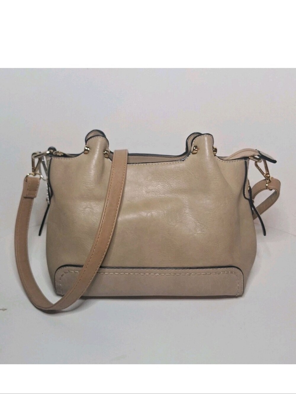 Simply Noelle Medium Beige And Tan Faux Leather Satchel Crossbody No Top Handles